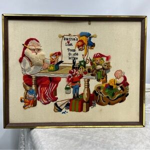 Vintage Christmas needlepoint Artwork Santa’s toy shop Cross Stitch Wall Decor